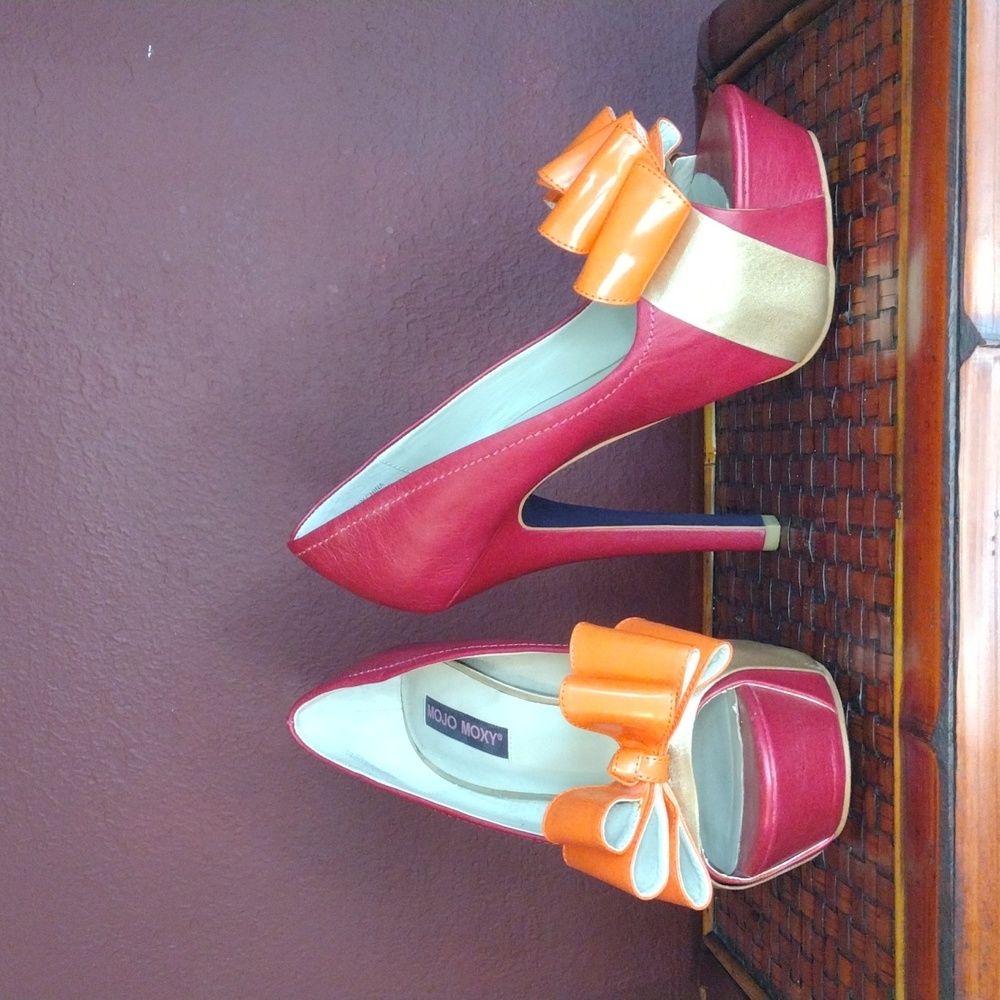 Mojo Moxy Leather Pink Size 9 Pippa Open Toe Platform Pump Orange Patent Bows